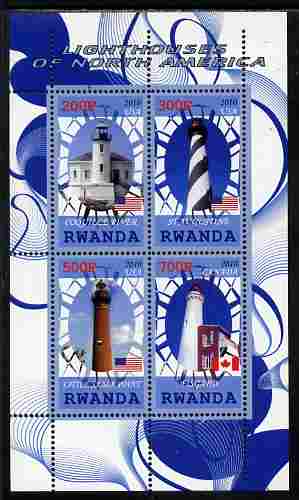 Rwanda 2010 Lighthouses of North America #2 perf sheetlet containing 4 values unmounted mint, stamps on lighthouses