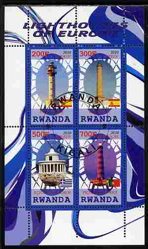 Rwanda 2010 Lighthouses of Europe #2 perf sheetlet containing 4 values fine cto used, stamps on lighthouses