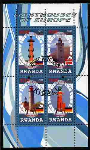 Rwanda 2010 Lighthouses of Europe #3 perf sheetlet containing 4 values fine cto used, stamps on lighthouses
