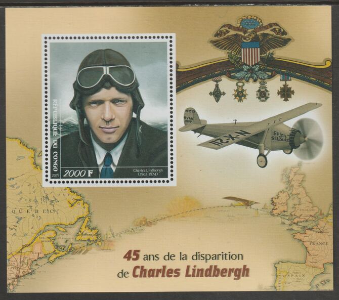 Congo 2019 Charles Lindbergh 45th Death Anniversary perf sheet containing one value unmounted mint, stamps on personalities, stamps on lindbergh, stamps on aviation, stamps on maps