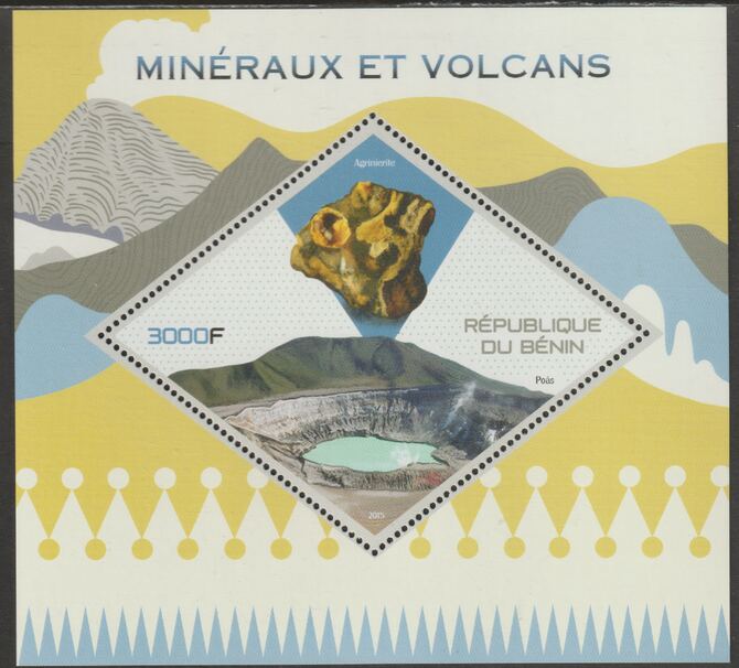 Benin 2015 Minerals & Volcanoes perf m/sheet containing one diamond shaped value unmounted mint, stamps on , stamps on  stamps on shaped, stamps on  stamps on diamond, stamps on  stamps on minerals, stamps on  stamps on volcanoes