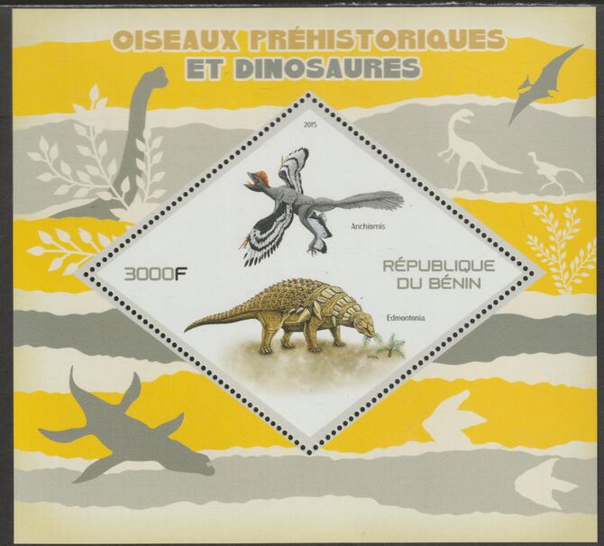 Benin 2015 Dinosaurs perf m/sheet containing one diamond shaped value unmounted mint, stamps on shaped, stamps on diamond, stamps on dinosaurs