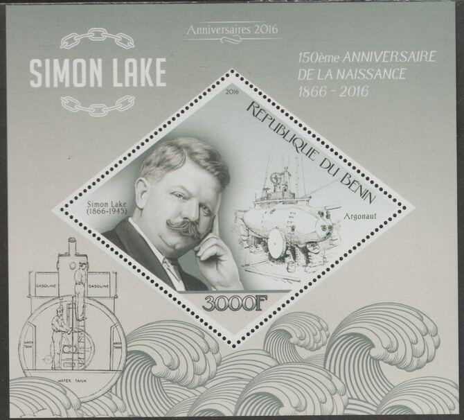 Benin 2016 Simon Lake perf m/sheet containing one diamond shaped value unmounted mint, stamps on shaped, stamps on diamond, stamps on personalities, stamps on lake, stamps on naval, stamps on submarines