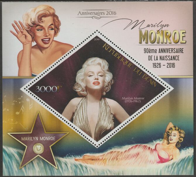 Benin 2016 Marilyn Monroe perf m/sheet containing one diamond shaped value unmounted mint, stamps on shaped, stamps on diamond, stamps on personalities, stamps on marilyn, stamps on monroe, stamps on films, stamps on cinema, stamps on movies