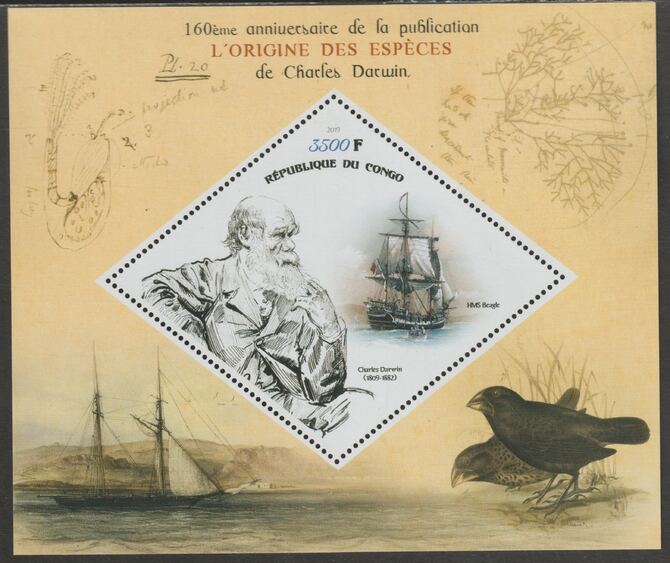 Congo 2019 Charles Darwin perf m/sheet containing one diamond shaped value unmounted mint, stamps on shaped, stamps on diamond, stamps on personalities, stamps on darwin, stamps on ships, stamps on birds