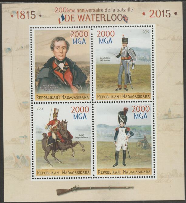 Madagascar 2015 Battle of Waterloo perf sheet containing four values unmounted mint, stamps on battles, stamps on waterloo, stamps on militaria, stamps on horses