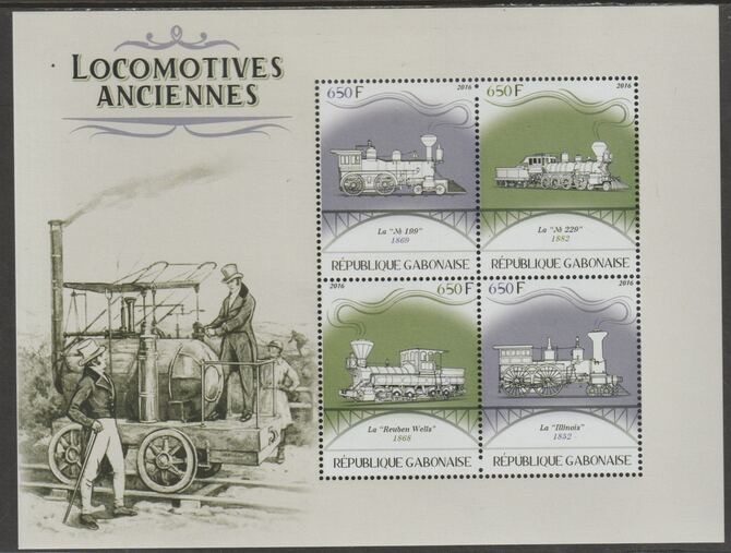 Gabon 2016 Early Locomotives #2 perf sheet containing four values unmounted mint, stamps on , stamps on  stamps on railways