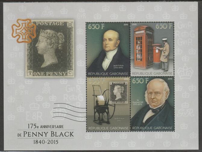 Gabon 2015 Penny Black 175th Anniversary perf sheet containing four values unmounted mint, stamps on , stamps on  stamps on postal, stamps on  stamps on pillar box, stamps on  stamps on telephone box, stamps on  stamps on stamp on stamp