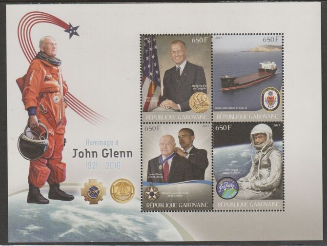 Gabon 2017 John Glenn perf sheet containing four values unmounted mint, stamps on personalities, stamps on space, stamps on glenn, stamps on ships