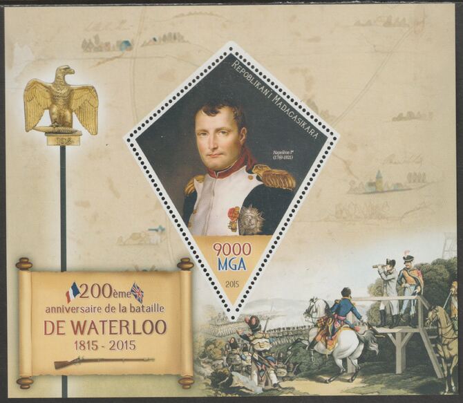 Madagascar 2015 Battle of Waterloo perf deluxe sheet containing one diamond shaped value unmounted mint, stamps on shaped, stamps on battles, stamps on waterloo, stamps on napoleon