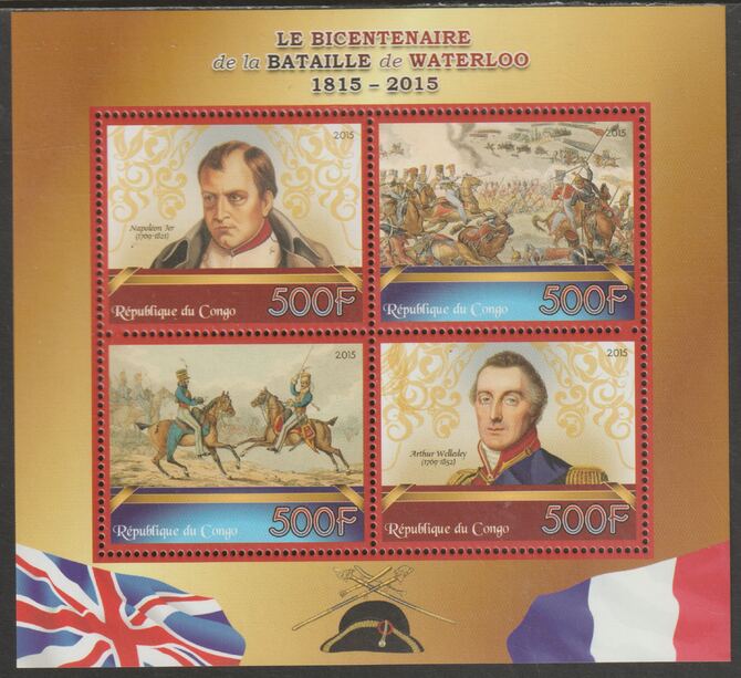 Congo 2015 Battle of Waterloo 200th Anniversary perf sheet containing four values unmounted mint, stamps on battles, stamps on waterloo, stamps on napoleon, stamps on horses