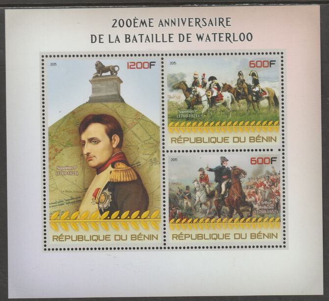 Benin 2015 Battle of Waterloo 200th Anniversary perf sheet containing three values unmounted mint, stamps on , stamps on  stamps on battles, stamps on  stamps on waterloo.napoleon, stamps on  stamps on horses