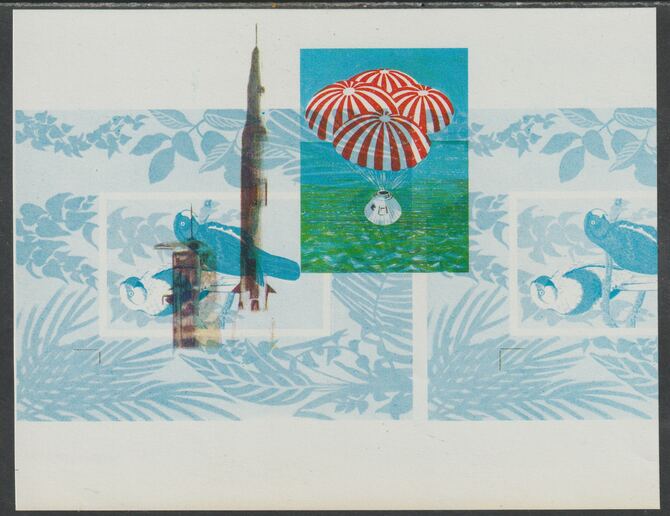 Oman 1970 Parrots imperf printers waste in blue only doubly printed with1969 Progress in Space m/sheet in magenta, cyan & yellow only, a remarkable and very visual item a..., stamps on birds, stamps on parrots, stamps on  space, stamps on apollo, stamps on parachutes