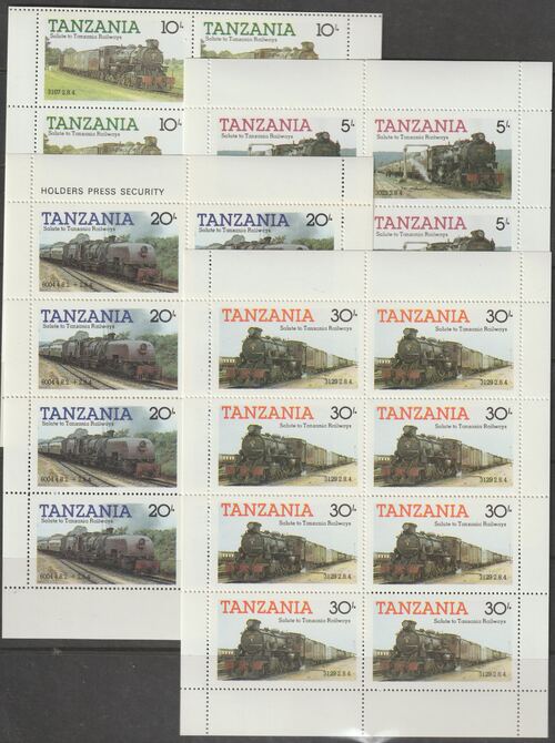 Tanzania 1985 Railways (1st Series) set of 4  each in complete sheetlets of 8n(SG 430-3) unmounted mint., stamps on railways