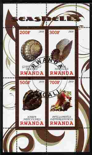 Rwanda 2010 Sea Shells #2 perf sheetlet containing 4 values fine cto used, stamps on marine life, stamps on shells