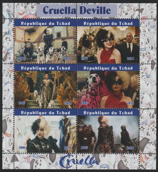 Chad 2021 Cruella De Vil perf sheet containing 6 values unmounted mint, stamps on , stamps on  stamps on disney, stamps on  stamps on films, stamps on  stamps on cinema, stamps on  stamps on dogs, stamps on  stamps on dalmations, stamps on  stamps on movies