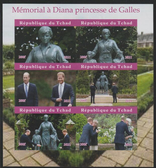 Chad 2021 Memorial to Princess Diana imperf sheet containing 6 values unmounted mint, stamps on , stamps on  stamps on royalty, stamps on  stamps on diana, stamps on  stamps on harry, stamps on  stamps on william