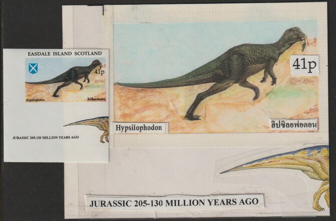 Easdale 1995 Hypsilophodon 41p original composite artwork with overlay being stamp 3 from Singapore 95 Stamp Exhibition - Dinosaurs #1 size 150 x 120 mm complete with iss..., stamps on stamp exhibitions, stamps on dinosaurs