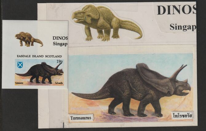 Easdale 1995 Torosaurus 19p original composite artwork with overlay being stamp 1 from Singapore 95 Stamp Exhibition - Dinosaurs #2 size 150 x 120 mm complete with issued..., stamps on stamp exhibitions, stamps on dinosaurs