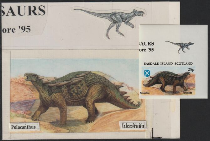 Easdale 1995 Polacanthus 25p original composite artwork (reversed) with overlay being stamp 2 from Singapore 95 Stamp Exhibition - Dinosaurs #2 size 150 x 120 mm complete..., stamps on stamp exhibitions, stamps on dinosaurs