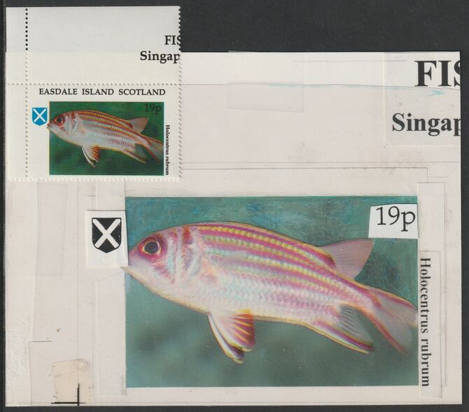 Easdale 1995 Fish 19p original composite artwork with overlay being stamp 1 from Singapore 95 Stamp Exhibition - Fish size 150 x 120 mm complete with issued stamp , stamps on stamp exhibitions, stamps on fish