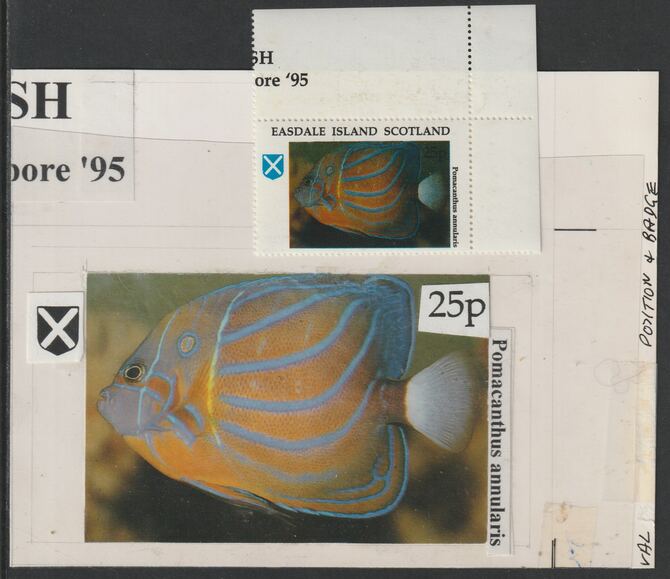 Easdale 1995 Fish 25p original composite artwork with overlay being stamp 2 from Singapore 95 Stamp Exhibition - Fish size 150 x 120 mm complete with issued stamp , stamps on stamp exhibitions, stamps on fish