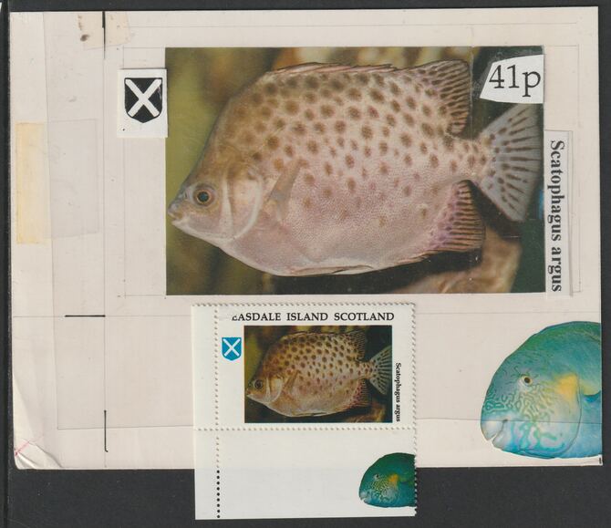 Easdale 1995 Fish 41p original composite artwork with overlay being stamp 3 from Singapore 95 Stamp Exhibition - Fish size 150 x 120 mm complete with issued stamp , stamps on stamp exhibitions, stamps on fish