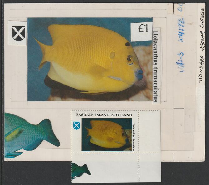 Easdale 1995 Fish Â£1 original composite artwork with overlay being stamp 4 from Singapore 95 Stamp Exhibition - Fish size 150 x 120 mm complete with issued stamp , stamps on stamp exhibitions, stamps on fish