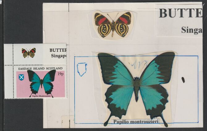 Easdale 1995 Butterfly 19p original composite artwork with overlay being stamp 1 from Singapore 95 Stamp Exhibition - Butterflies size 150 x 120 mm complete with issued s..., stamps on stamp exhibitions, stamps on butterflies