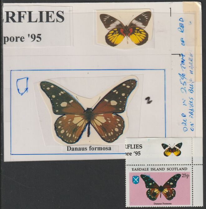 Easdale 1995 Butterfly 25p original composite artwork with overlay being stamp 2 from Singapore 95 Stamp Exhibition - Butterflies size 150 x 120 mm complete with issued s..., stamps on stamp exhibitions, stamps on butterflies