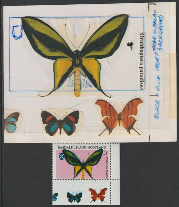 Easdale 1995 Butterfly Â£1 original composite artwork with overlay being stamp 4 from Singapore 95 Stamp Exhibition - Butterflies size 150 x 120 mm complete with issued..., stamps on stamp exhibitions, stamps on butterflies