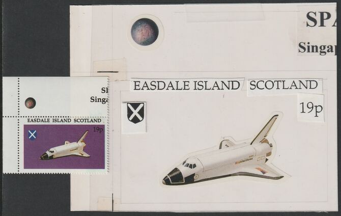 Easdale 1995 Space Shuttle 19p original composite artwork with overlay being stamp 1 from Singapore 95 Stamp Exhibition - Space size 150 x 120 mm complete with issued sta..., stamps on stamp exhibitions, stamps on space, stamps on shuttle