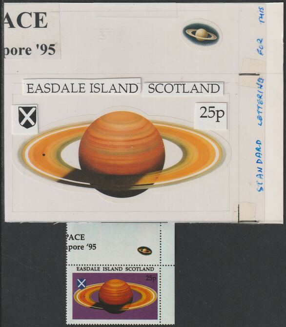 Easdale 1995 Saturn 25p original composite artwork with overlay being stamp 2 from Singapore 95 Stamp Exhibition - Space size 150 x 120 mm complete with issued stamp , stamps on stamp exhibitions, stamps on space, stamps on saturn