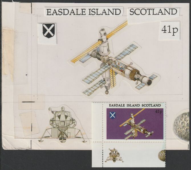 Easdale 1995 MIR Space Station 41p original composite artwork with overlay being stamp 3 from Singapore 95 Stamp Exhibition - Space size 150 x 120 mm complete with issued..., stamps on stamp exhibitions, stamps on space, stamps on  mir , stamps on 
