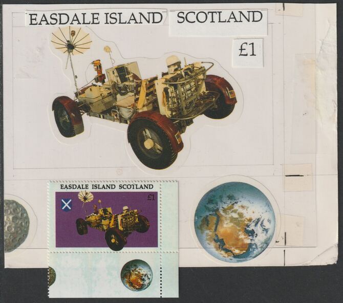 Easdale 1995 Moon Buggy Â£1 original composite artwork with overlay being stamp 4 from Singapore 95 Stamp Exhibition - Space size 150 x 120 mm complete with issued stam..., stamps on stamp exhibitions, stamps on space, stamps on 