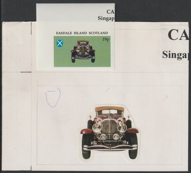 Easdale 1995 Early Car 19p original composite artwork without overlay being stamp 1 from Singapore 95 Stamp Exhibition - Cars size 150 x 120 mm complete with issued stamp..., stamps on stamp exhibitions, stamps on cars, stamps on 