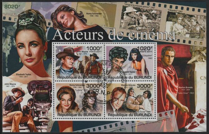 Burundi 2011 Movie Actors perf sheetlet containing 4 values with special commemorative cancellation , stamps on , stamps on  stamps on personalities, stamps on  stamps on films, stamps on  stamps on cinema, stamps on  stamps on movies, stamps on  stamps on wayne, stamps on  stamps on liz taylor, stamps on  stamps on brando, stamps on  stamps on schneider