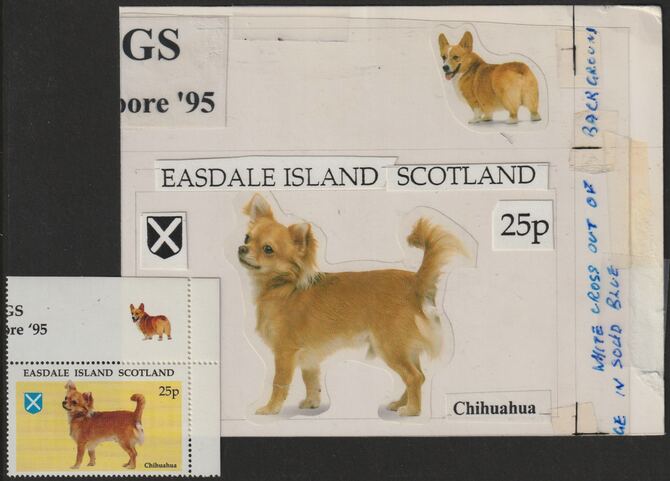 Easdale 1995 Dogs 25p Chihuahua original composite artwork with overlay being stamp 2 from Singapore 95 Stamp Exhibition - Dogs size 150 x 120 mm complete with issued sta..., stamps on stamp exhibitions, stamps on dogs, stamps on 