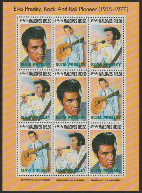 Maldive Islands 1993 15th Death Anniversary of Elvis Presley perf sheetlet of 9 containing 3 sets of 3 unmounted mint SG1768-70, stamps on music, stamps on elvis, stamps on pops, stamps on rock, stamps on films, stamps on movies, stamps on cinema