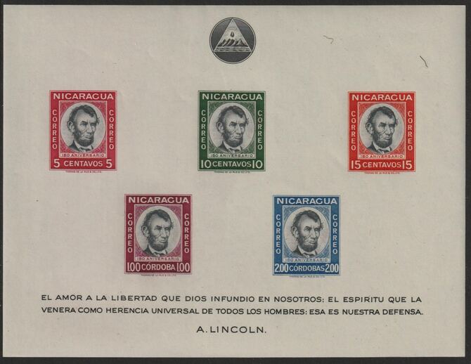 Nicaragua 1960 150th Birth Anniversary of Abraham Lincoln imperf m/sheet unmounted mint SG MS1376a, stamps on , stamps on  stamps on personalities, stamps on  stamps on lincoln, stamps on  stamps on us presidents