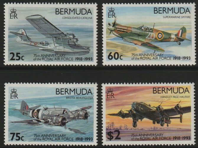 Bermuda 1993 75th Anniversary of Royal Air Force perf set of 4 unmounted mint SG 687-90, stamps on , stamps on  stamps on aviation, stamps on  stamps on spitfire, stamps on  stamps on flying boats