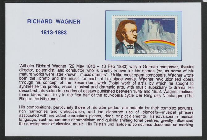 Bernera 1978 Composers - Wagner 5p  mounted on glossy card with historical notes - privately produced 150mm x 100mm, stamps on personalities, stamps on music, stamps on composers, stamps on wagner, stamps on rainbows