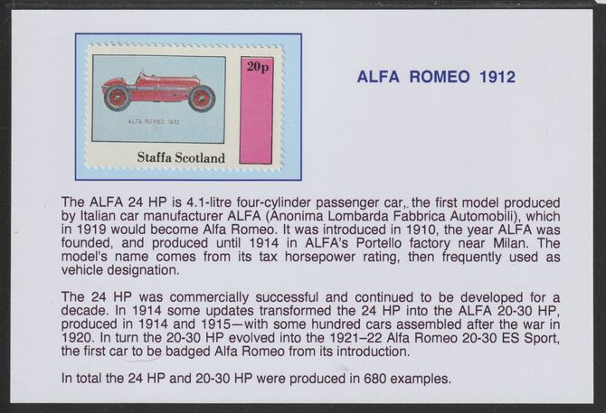 Staffa 1982 Early Racing Cars - 1912 Alfa Romeo 20p mounted on glossy card with historical notes - privately produced 150mm x 100mm, stamps on cars, stamps on alfa romeo, stamps on  f1 , stamps on formula !, stamps on 