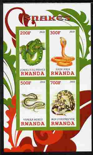Rwanda 2010 Snakes imperf sheetlet containing 4 values unmounted mint, stamps on , stamps on  stamps on reptiles, stamps on  stamps on snakes