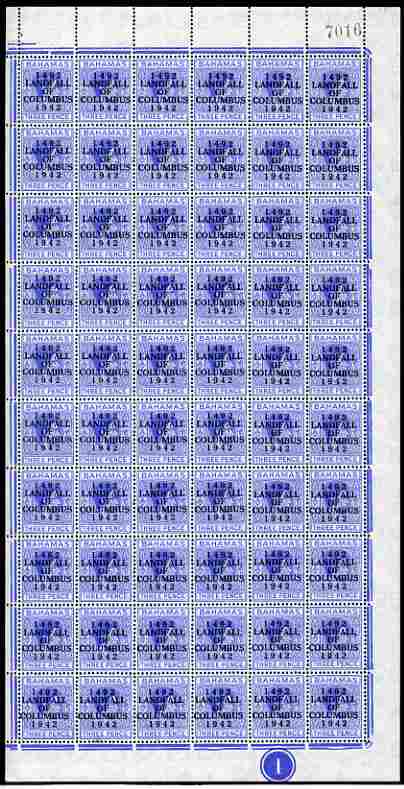 Bahamas 1942 KG6 Landfall of Columbus 3d ultramarine complete right pane of 60 including plate variety R10/4 (Damaged oval at 6 oclock) plus overprint varieties R1/2 (Fla..., stamps on , stamps on  kg6 , stamps on varieties, stamps on columbus, stamps on explorers
