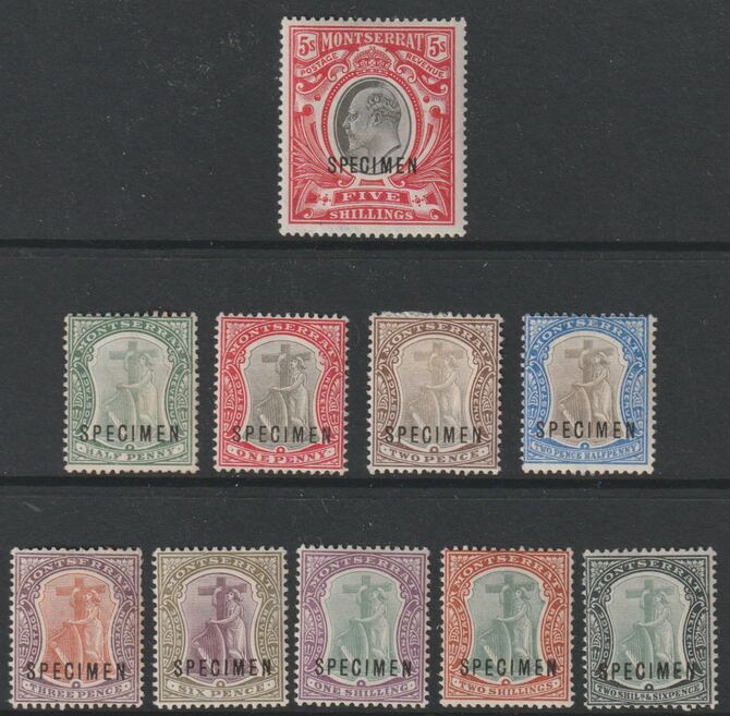 Montserrat 1903 KE7 complete set of 10 overprinted SPECIMEN fine with gum and only about 730 sets produced SG 14s-23s, stamps on xxx