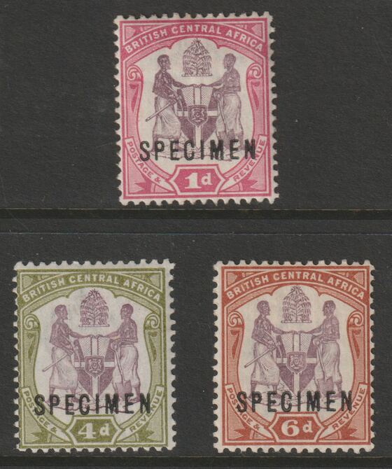  Nyasaland (BCA) 1901 Arms Crown CA set of 3 overprinted SPECIMEN fine with gum and only about 750 sets produced SG 57ds-58s, stamps on xxx