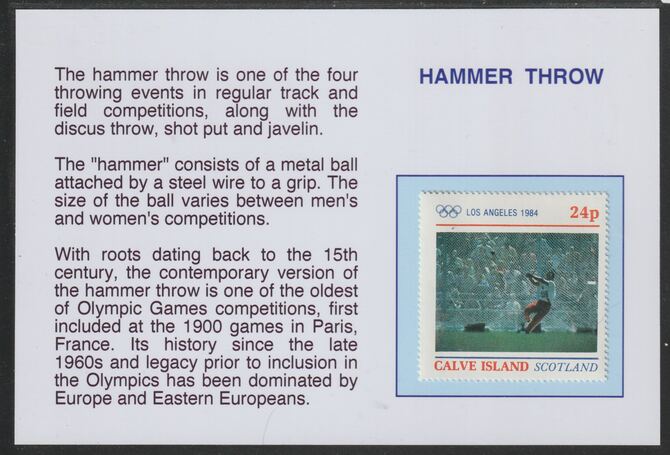 Calve Island 1984 Los Angeles Olympic Games - Hammer 24p mounted on glossy card with historical notes - privately produced 150mm x 100mm, stamps on olympics, stamps on sport, stamps on hammer
