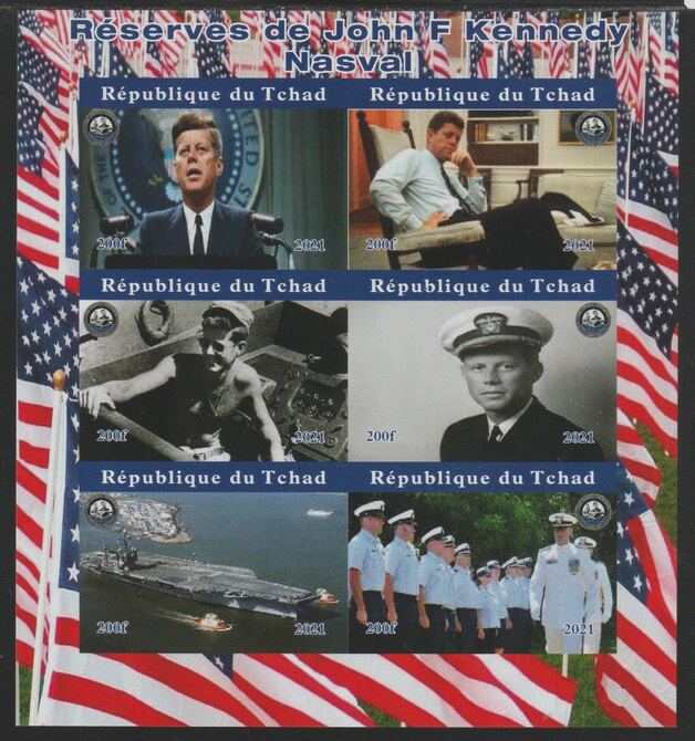 Chad 2021 John  Kennedy Naval Service imperf sheetlet containing  set of 6 values unmounted mint, privately produced offered purely on its thematic appeal, stamps on personalities, stamps on kennedy, stamps on usa presidents, stamps on ships, stamps on flat tops, stamps on 