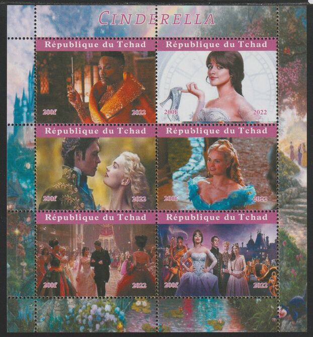 Chad 2022 Cinderella perf sheetlet containing  set of 6 values unmounted mint, privately produced offered purely on its thematic appeal, stamps on cinderella, stamps on films, stamps on movies, stamps on cinema, stamps on 